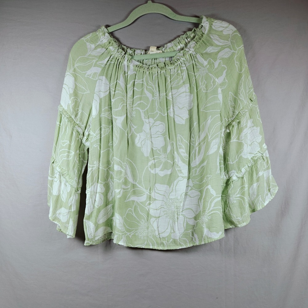 Indigo Rose Sage Green Floral Smocked Off Shoulder Ruffle Bell‎ Sleeve Blouse S